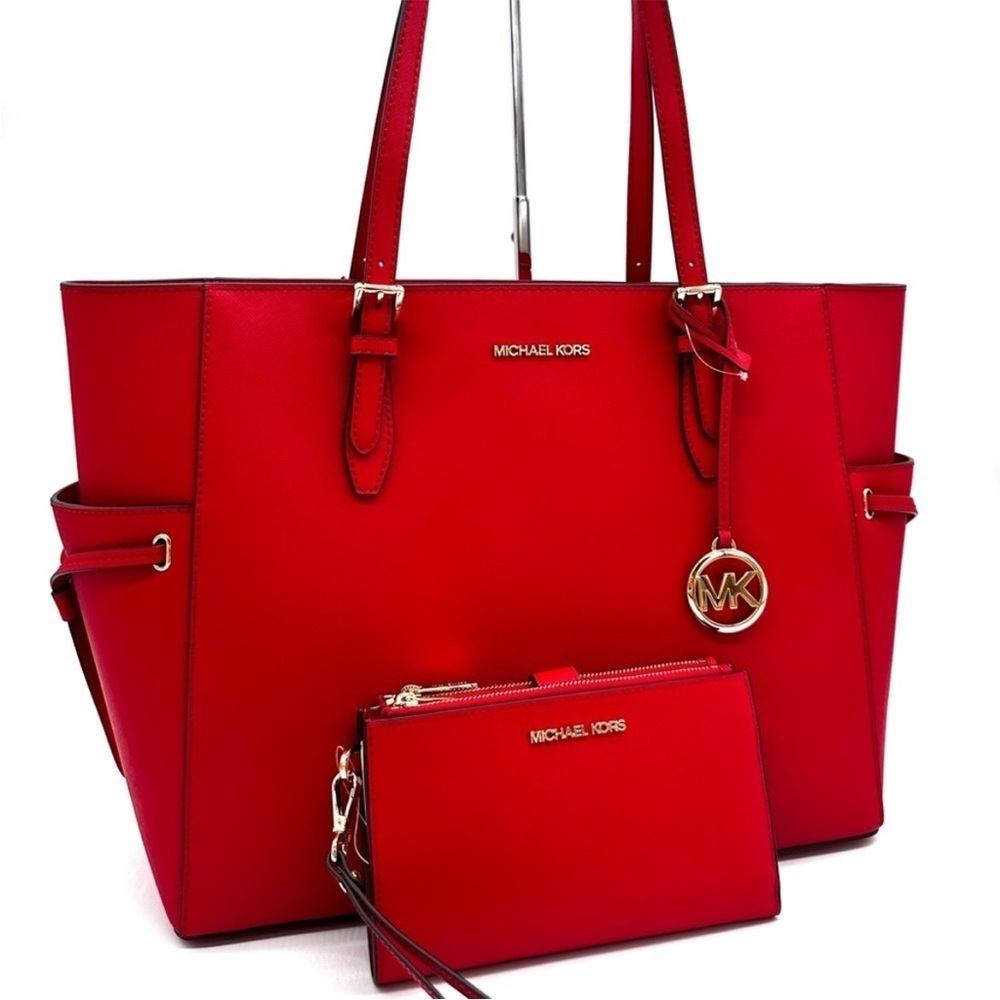 Michael Kors Gilly Large Drawstring Shoulder Tote Bag & Double Zip Wallet Red